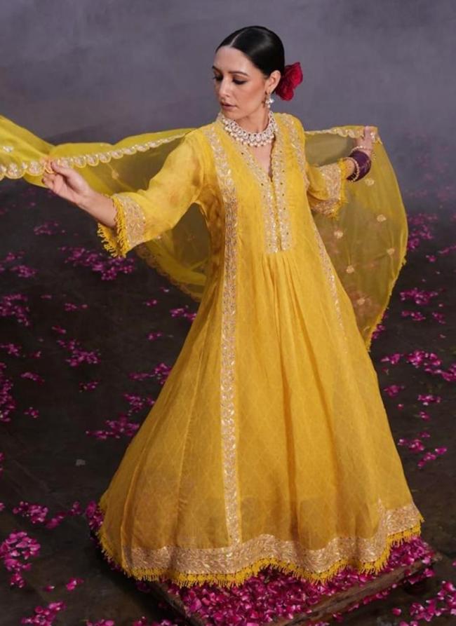 Organza Yellow Party Wear Embroidery Work Readymade Anarkali Suit